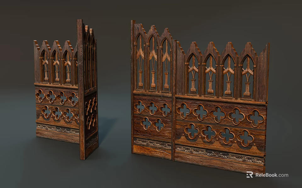 Gothic Style Wooden Room Divider With Intricate Carvings And Arch Patterns 3d model 