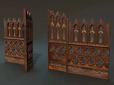 Gothic Style Wooden Room Divider With Intricate Carvings And Arch Patterns 3d model
