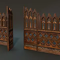 Gothic Style Wooden Room Divider With Intricate Carvings And Arch Patterns