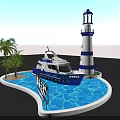 Blue Sea and Sky Yacht Club With Blue White Lighthouse Yacht Palm Trees And Water