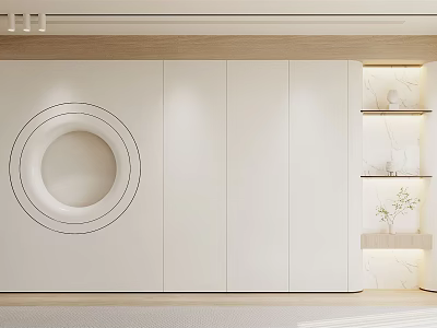 Modern Light Colored Feature Wall With Circular Decor And Lit Marble Shelves 3d model