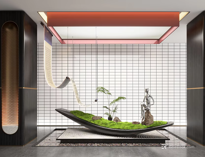 Modern Indoor Landscape With Green Grass Area Sculpture Grid Wall And Hanging Decor 3d model 