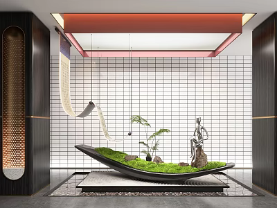 Modern Indoor Landscape With Green Grass Area Sculpture Grid Wall And Hanging Decor 3d model