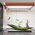 Modern Indoor Landscape With Green Grass Area Sculpture Grid Wall And Hanging Decor