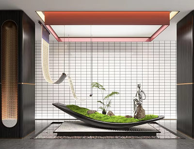 Modern Indoor Landscape With Green Grass Area Sculpture Grid Wall And Hanging Decor 3d model