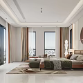 Elegant Modern Bedroom Interior Design With Round Decorative Painting Beige Walls And Wooden Furniture