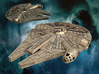 Detailed Millennium Falcon Model With Space Background And Collectible Design 3d model