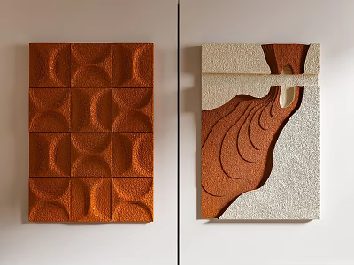 Modern Wall Decor With Orange Geometric Pattern And Beige Abstract Curved Lines Design 3d model