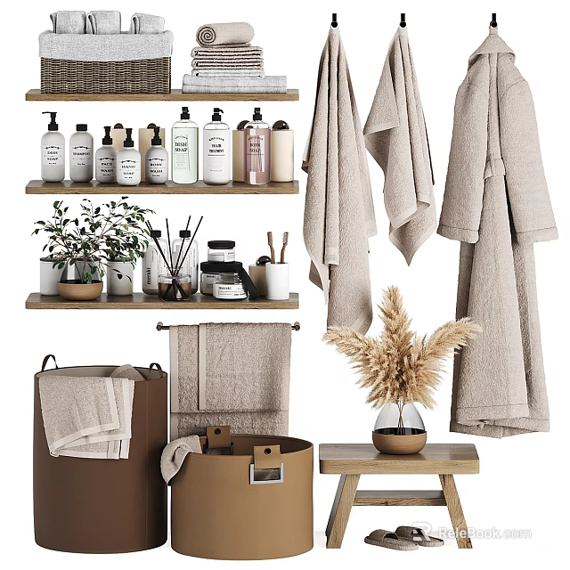 Natural Washing Daily Essentials With Towels Shelves Storage And Decor 3d model 