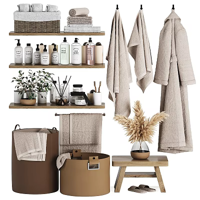 Natural Washing Daily Essentials With Towels Shelves Storage And Decor 3d model