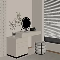 White Dressing Table With Round Mirror Green Plant White Blinds And Geometric Pattern Wall 3d model