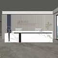 Modern Front Desk Area With Marble Counter Striped Wall Sculpture And Potted Plant