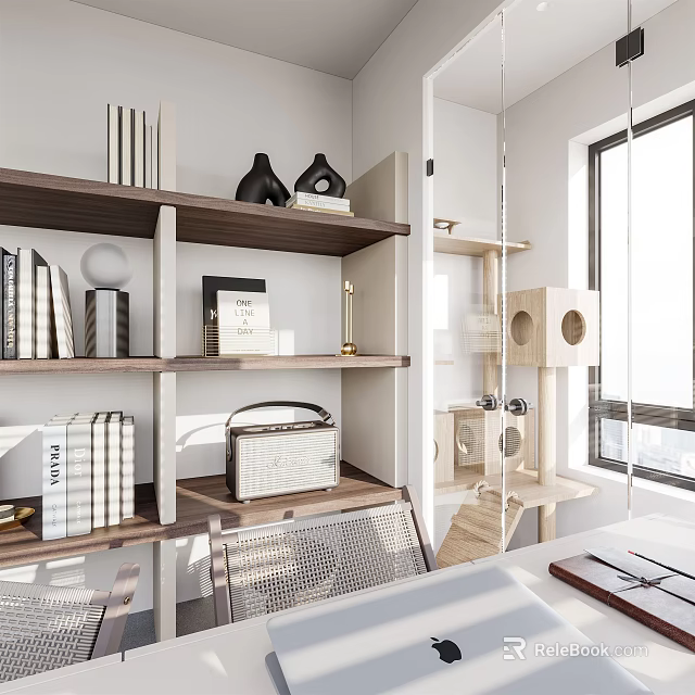 Modern Study Room Interior Design With Wooden Bookshelves Books Decorative Items And Window 3d model 