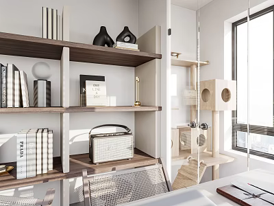 Modern Study Room Interior Design With Wooden Bookshelves Books Decorative Items And Window 3d model