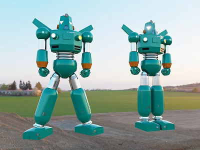 Green Robot Game Movie Characters With Metallic Body Yellow Joints Standing In Grassy Sunset Field 3d model