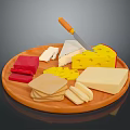 Wooden Cheese Platter With Various Cheeses Slices Blocks Holey Cheese And Knife