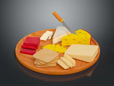 Wooden Cheese Platter With Various Cheeses Slices Blocks Holey Cheese And Knife 3d model