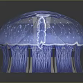 Blue Translucent Jellyfish With Bell Shaped Body And Long Tentacles On Dark Background