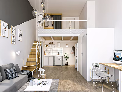 Modern Loft Apartment Interior With Open Layout Wooden Stairs And Hanging Lamps 3d model
