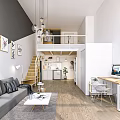 Modern Loft Apartment Interior With Open Layout Wooden Stairs And Hanging Lamps
