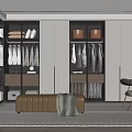 Modern Walk in Closet with Glass Door Cabinets Hanging Clothes Storage Shelves and Bench