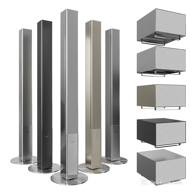 Modern Home Audio Speakers Collection Featuring Floor Standing Designs In Silver Black And Gold 3d model 