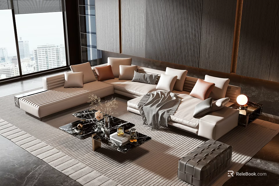 Modern Beige Sofa And Coffee Table Set With Pillows Black Marble Decor And City View 3d model 