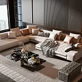 Modern Beige Sofa And Coffee Table Set With Pillows Black Marble Decor And City View