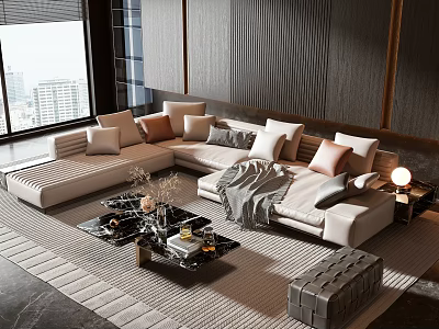 Modern Beige Sofa And Coffee Table Set With Pillows Black Marble Decor And City View 3d model