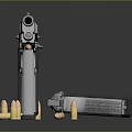 Metallic Silver And Black Pistols With Scattered Bullets On Dark Surface