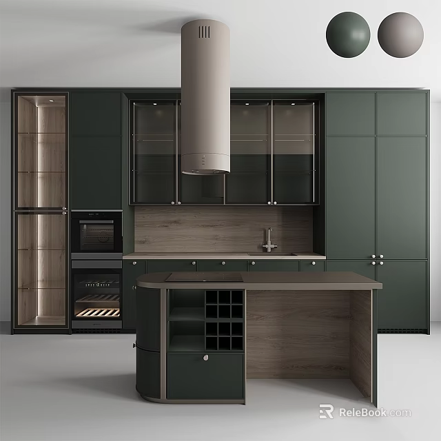 Modern Kitchen Featuring Green Cabinets Glass Doors And Wooden Island Counter 3d model 
