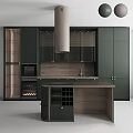Modern Kitchen Featuring Green Cabinets Glass Doors And Wooden Island Counter