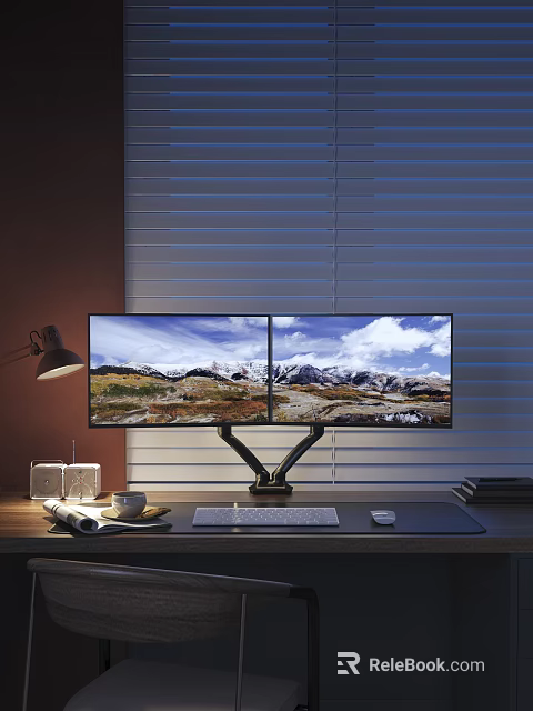 Elegant Decorative Ornament Set for Desktop Office with Dual Monitors Table Lamp and Coffee Cup 3d model 
