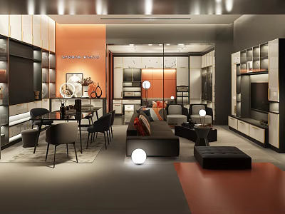 Modern Showroom Interior Design With Orange Wall Sofa Set Display Cabinets And Lighting Fixtures 3d model