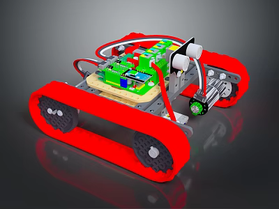 Red Tracked Robot With Green Circuit Board And Motor Components 3d model