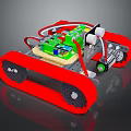 Red Tracked Robot With Green Circuit Board And Motor Components