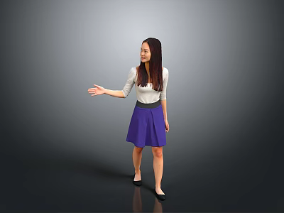Woman With Long Hair In White Top And Purple Skirt Extending Hand On Gray Background 3d model