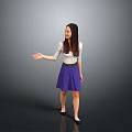 Woman With Long Hair In White Top And Purple Skirt Extending Hand On Gray Background