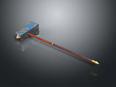 Ancient Decorative Axe With Blue Blade Brown Wooden Handle And Golden Accents 3d model