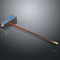 Ancient Decorative Axe With Blue Blade Brown Wooden Handle And Golden Accents