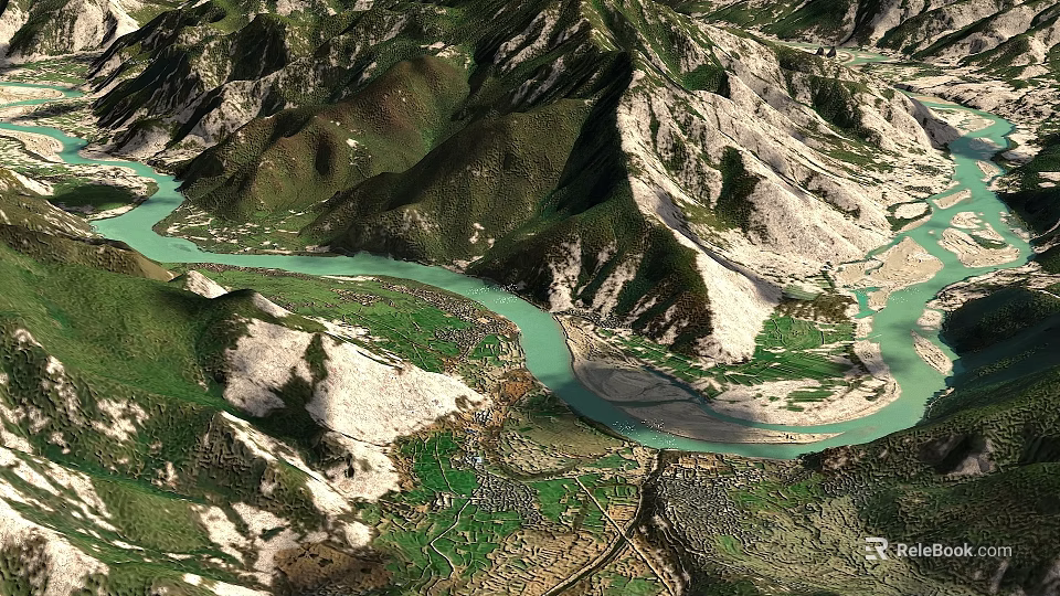 Aerial View of Rugged Mountain Range With Winding Turquoise River and Lush Green Valleys 3d model 