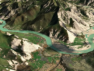 Aerial View of Rugged Mountain Range With Winding Turquoise River and Lush Green Valleys 3d model