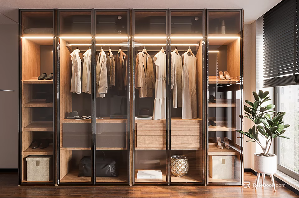 Modern Stylish Closet Design With Glass Doors Wooden Interior Hanging Clothes And Drawers 3d model 