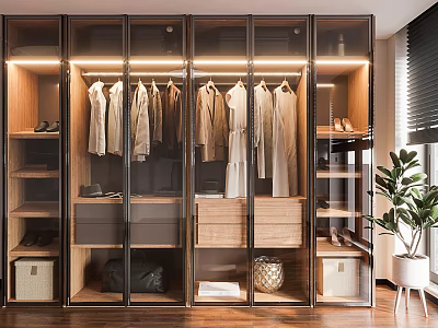 Modern Stylish Closet Design With Glass Doors Wooden Interior Hanging Clothes And Drawers 3d model
