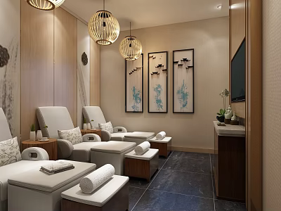 Shower Sauna Interior With White Massage Chairs Towels On Stools Pendant Lights And Decorative Paintings 3d model