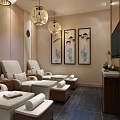 Shower Sauna Interior With White Massage Chairs Towels On Stools Pendant Lights And Decorative Paintings