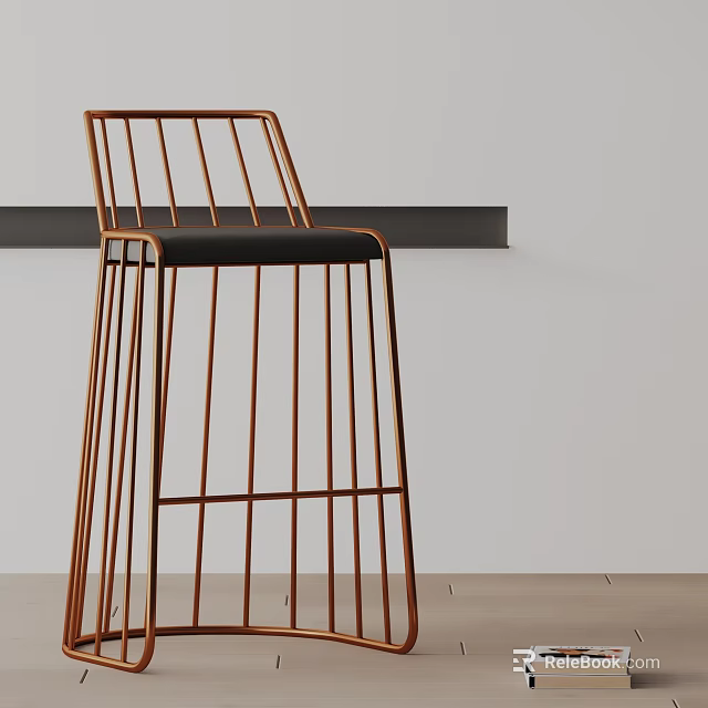 Modern Copper Metal Frame Bar Stool With Black Seat And Vertical Slats Design 3d model 