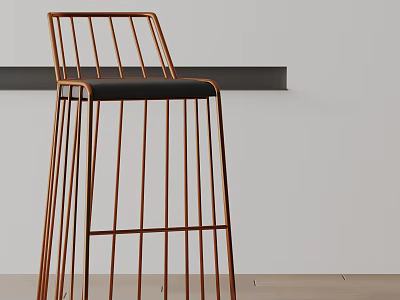 Modern Copper Metal Frame Bar Stool With Black Seat And Vertical Slats Design 3d model