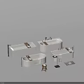 Modern Multiple Bathtubs with Wooden Shelves Faucets Small Stools Towel Racks and Floor Mats
