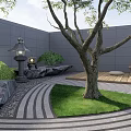 Courtyard Garden With Gray Walls Wavy Flooring Green Tree Large Rocks And Wooden Platform